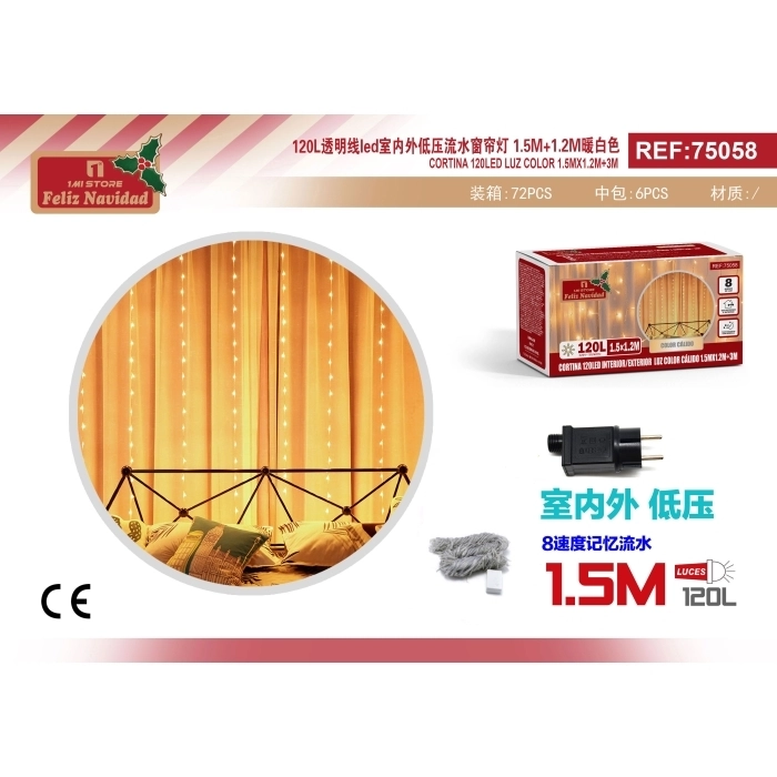 CORTINA 120LED INTERIOR/EXTERIOR LUZ COLOR CÁLIDO 1.5MX1.2M+3M CORTINA 120LED INTERIOR/EXTERIOR LUZ COLOR CÁLIDO 1.5MX1.2M+3M