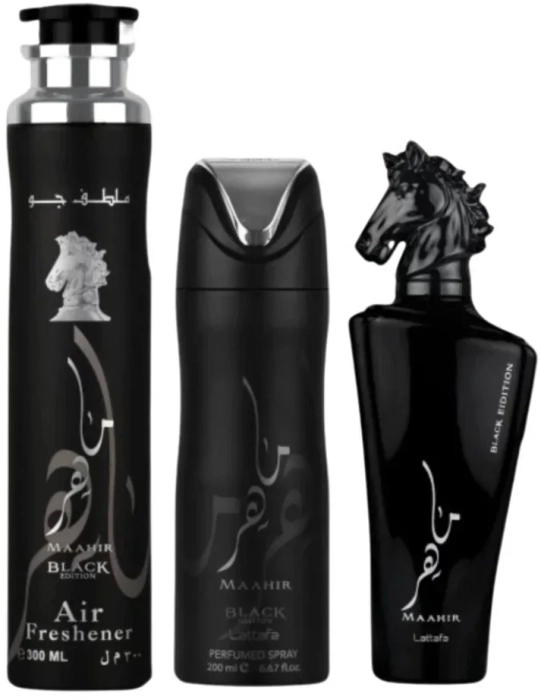 Set Maahir Black Edition 100ml + Air Freshener 300ml + Perfumed Spray 200ml Set Maahir Black Edition 100ml + Air Freshener 300ml + Perfumed Spray 200ml