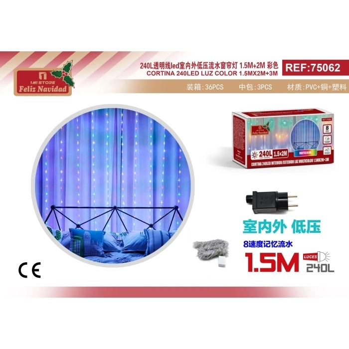 CORTINA 240LED INTERIOR/EXTERIOR LUZ MULTICOLOR 1.5MX2M+3M CORTINA 240LED INTERIOR/EXTERIOR LUZ MULTICOLOR 1.5MX2M+3M