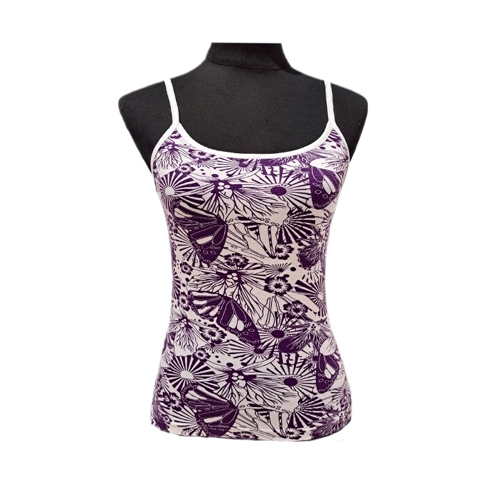 Camiseta Tirante Fino Estampado Morado con Cuello Blanco