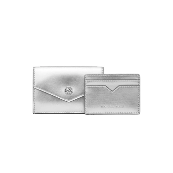 Juego de Tarjetero y Cartera de Piel Sintética Metalizada Plata